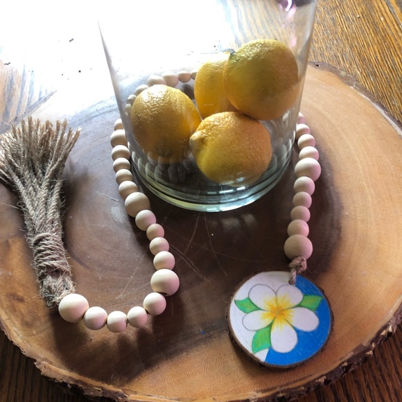 Succulents&Handmade Bead Garland w/ Tassel&Wood Slice with Hand Drawn Art - Picture 2 of 8